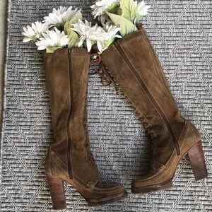 Michael Kors Brown suede lace up zip up platform heels.